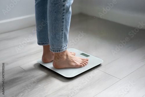 overweight woman using scales indoors weithloss concept femme en surpoids utilisant une balance à l'intérieur du bâtiment concept de perte de poids mujer con sobrepeso utilizando una báscula interior