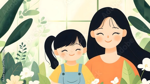A charming illustration shows a smiling mother and daughter surrounded by lush greenery and flowers, exuding warmth and a sense of peaceful connection.  photo