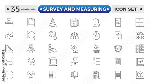 Set of outline geodetic survey and measuring icons. Minimalist thin linear web icon set. Editable stroke outline icon.
