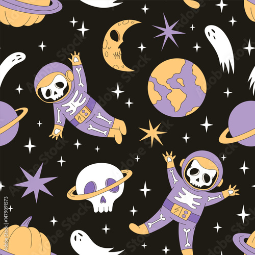 Groovy Creepy Cute skeleton astronaut pumpkin planet half moon ghost in Outer Space vector seamless pattern. Cosmic Spooky Halloween Galaxy hand drawn background.