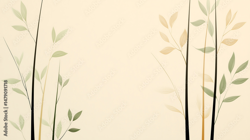 Naklejka premium Stylized bamboo stalks with leaves in muted green and beige tones frame a soft cream-colored central space, creating a calm, balanced design.