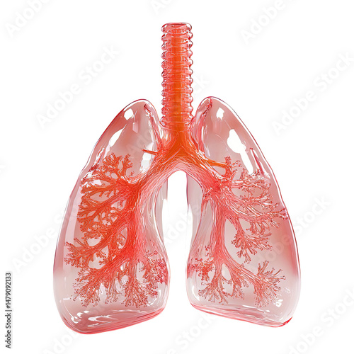 Realistic transparent 3D lung illustration in PNG format, showcasing detailed respiratory anatomy. Ideal for medical education, healthcare design, and biology projects. High-resolution, clear visuals.