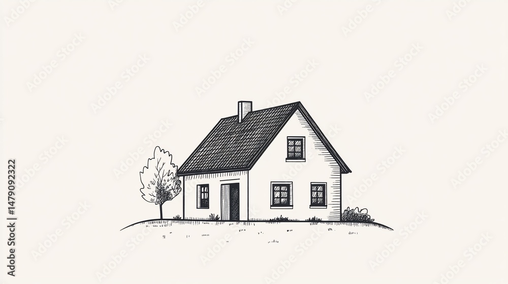 Fototapeta premium Simple sketch of a charming house and tree on a hill
