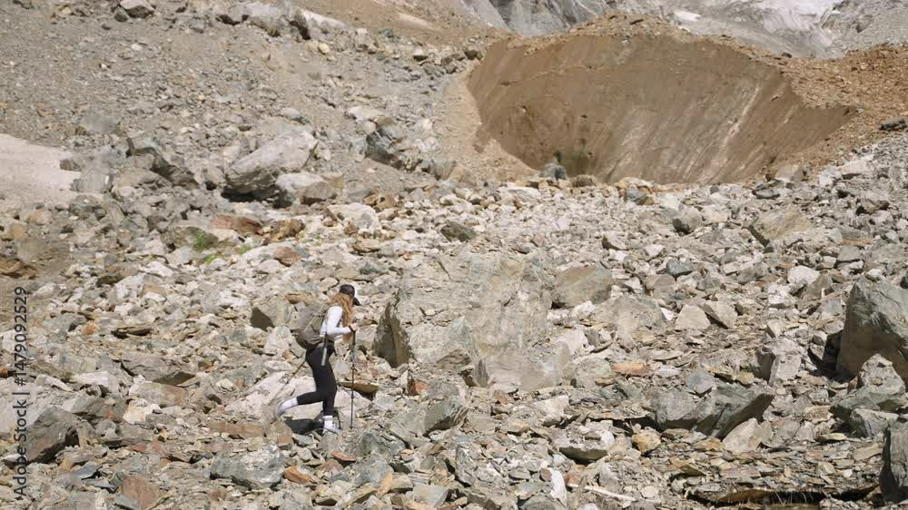 custom made wallpaper toronto digitalWoman hikes in Svaneti mountains to Chalaadi glacier. Hiker with backpack explores rugged terrain, climbs over rocks and boulders. Adventure traveler, outdoor experience in scenic landscape. Slowmo
