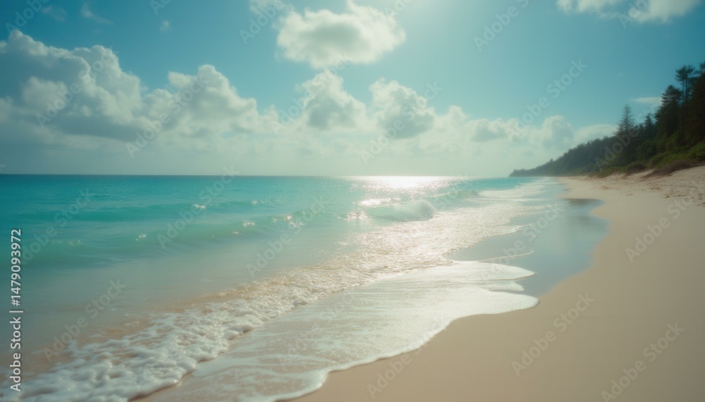 Obraz premium Tranquil tropical beach scene with turquoise water, white sand, gentle waves, sunny sky, and lush green trees