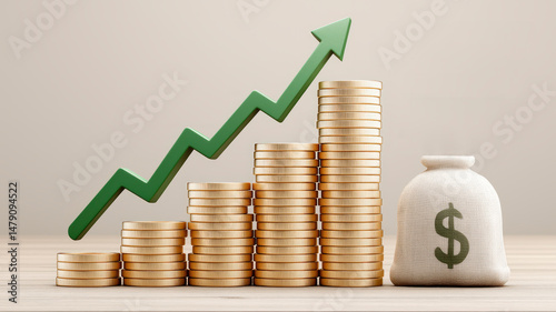 Money bag with a dollar sign and a growing stack of gold coins increasing in height from left to right. An arrow pointing upward symbolizing financial growth, profit and success.