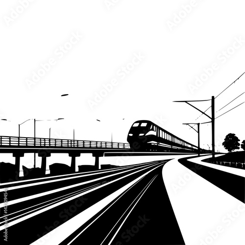 Modern bullet train in silhouette speeding across a rural bridge at dusk"