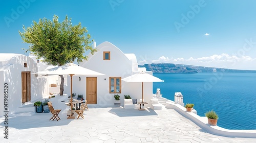 Picturesque Greek island scene. White buildings, sea views, sunny day, and charming outdoor seating