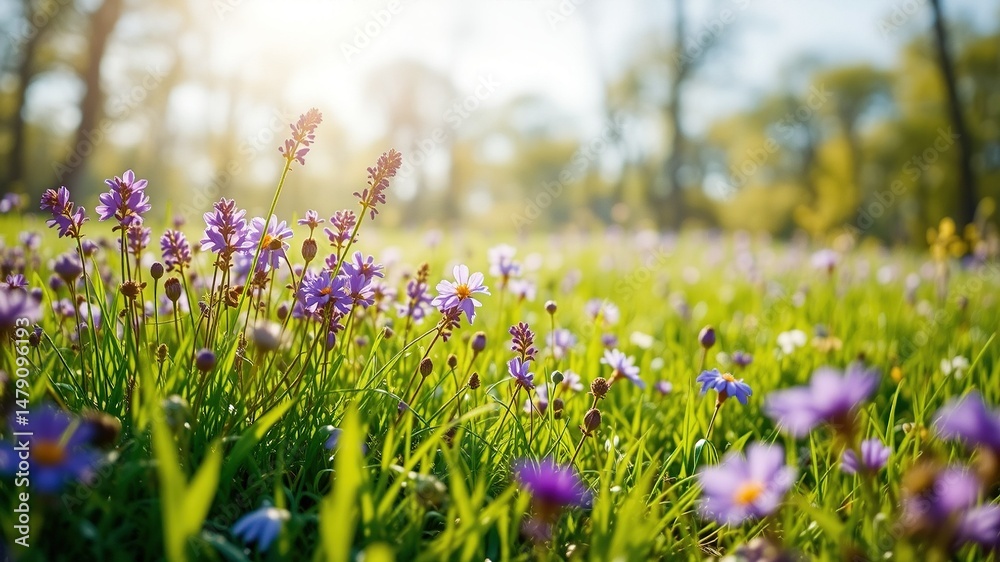 Fototapeta premium Purple Bloom Meadow Spring Landscape