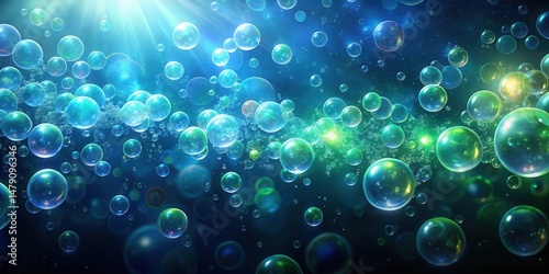 Softly glowing bubbles in blues and greens cascade over a dark blue backdrop, creating an ethereal scene with gentle ripples and shimmering lights , environment, calm