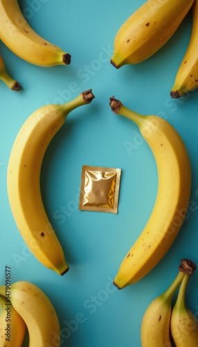 Bananas and a Condom on a Blue Background: Safe Sex Concept