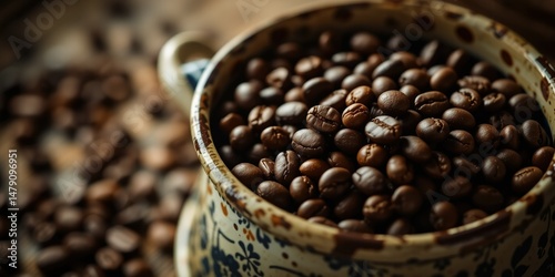 Roasted Coffee Beans in a Ceramic Pot, Morning Brew