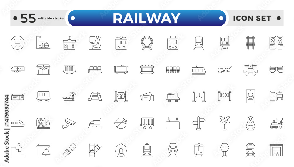Railway industry outline icons set. Railroad company. Rail transport ...