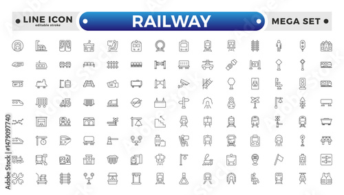 Railway industry outline icons set. Railroad company. Rail transport. Train station. Customizable thin line symbols. Editable stroke outline icon.
