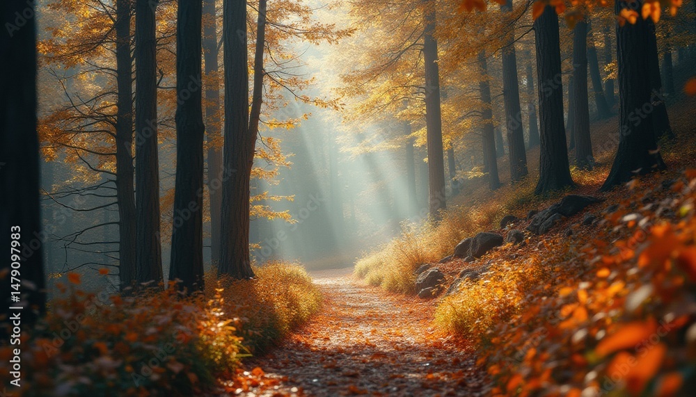 Fototapeta premium Autumn Forest Path with Sunlight Rays and Golden Leaves Illuminating the Trail