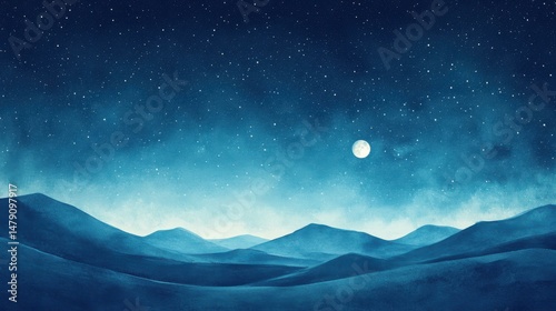 Serene landscape with rolling hills under a starlit night sky and full moon, evoking tranquility and wonder.