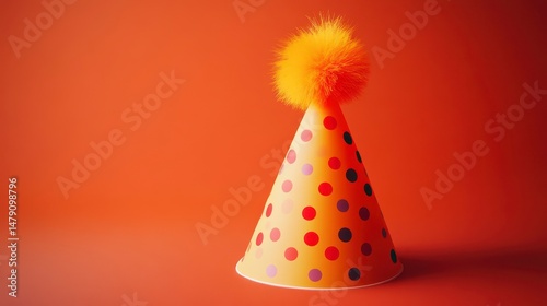 Orange party hat with colorful polka dots and fluffy orange pom-pom on orange background.