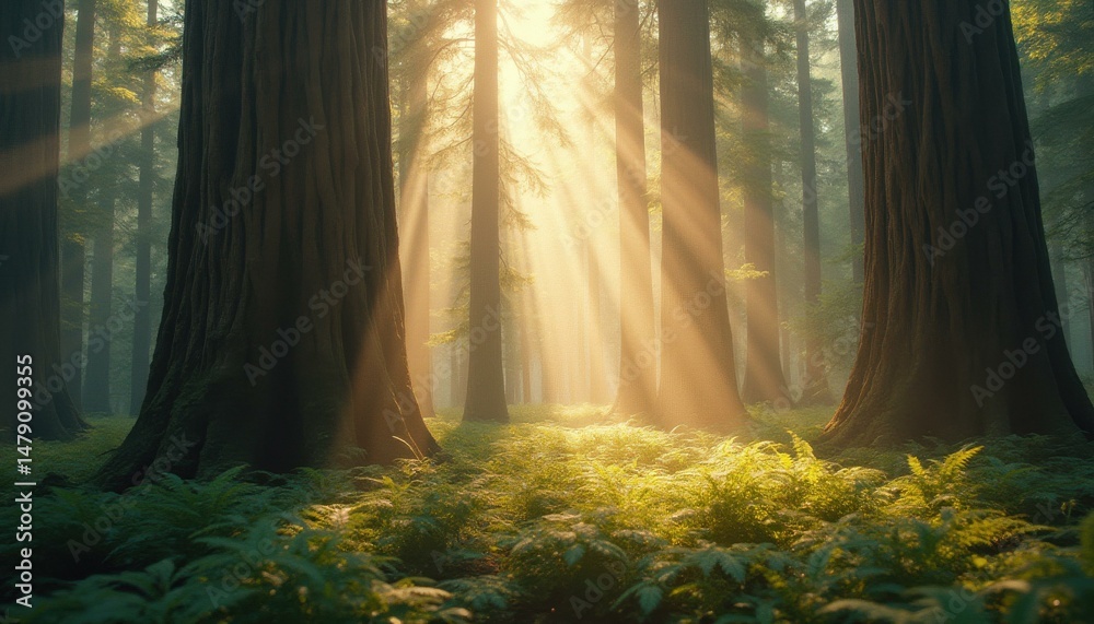 Naklejka premium Sunbeams filter through a lush forest of towering trees, illuminating a fern covered forest floor with a warm glow.