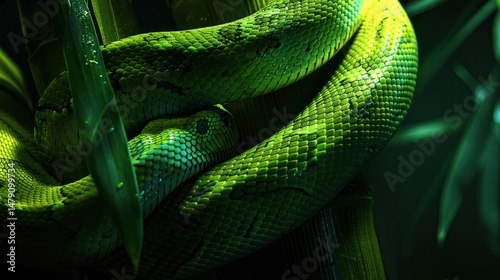 A close-up of a green snake wrapped around a branch