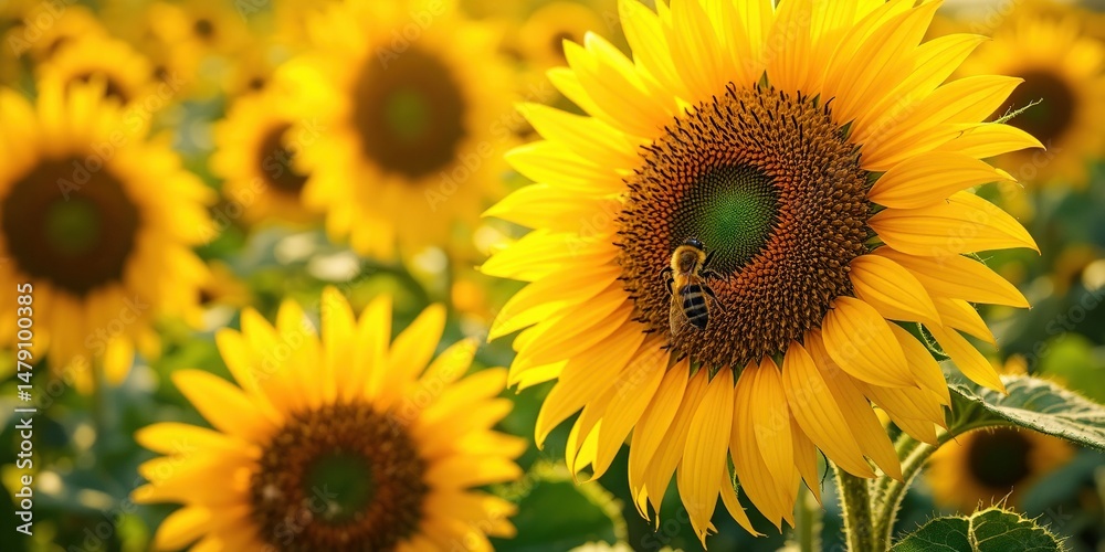 Fototapeta premium Sunflowers and a Busy Bee, Summer Meadow Scene