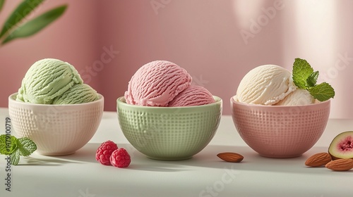 Colorful gourmet ice cream scoops in elegant bowls on a pastel background, styled with fresh toppings and shot in high resolution with a clean, modern aesthetic.