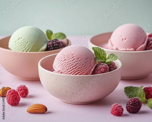Colorful gourmet ice cream scoops in elegant bowls on a pastel background, styled with fresh toppings and shot in high resolution with a clean, modern aesthetic.
