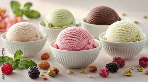 Colorful gourmet ice cream scoops in elegant bowls on a pastel background, styled with fresh toppings and shot in high resolution with a clean, modern aesthetic.