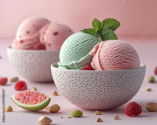 Colorful gourmet ice cream scoops in elegant bowls on a pastel background, styled with fresh toppings and shot in high resolution with a clean, modern aesthetic.