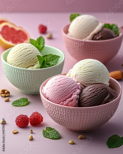 Colorful gourmet ice cream scoops in elegant bowls on a pastel background, styled with fresh toppings and shot in high resolution with a clean, modern aesthetic.