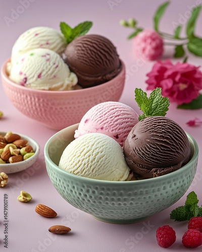 Colorful gourmet ice cream scoops in elegant bowls on a pastel background, styled with fresh toppings and shot in high resolution with a clean, modern aesthetic.