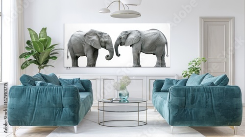 Two elephants facing each other on a white background