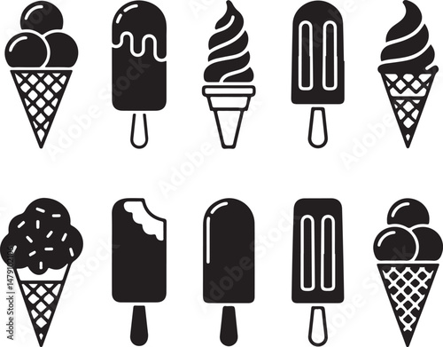 Classic Ice Cream Cone Silhouette Design

Double Scoop Ice Cream Vector Art

Ice Cream Sundae with Cherry Silhouette

Popsicle and Ice Cream Bar Vector Scene

Cute Ice Cream Character Silhouette