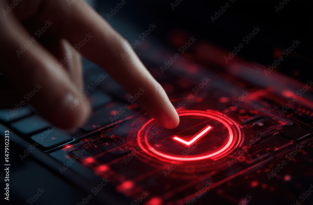 Fototapeta premium Fingertip Approaching Red Illuminated Checkmark on Futuristic Tech Interface : Generative AI