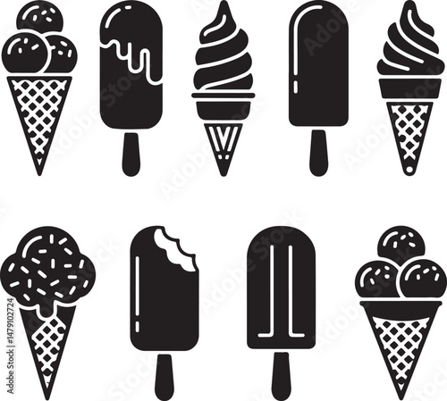 Classic Ice Cream Cone Silhouette Design

Double Scoop Ice Cream Vector Art

Ice Cream Sundae with Cherry Silhouette

Popsicle and Ice Cream Bar Vector Scene

Cute Ice Cream Character Silhouette