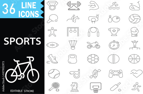 Sports Line Icons Set – 36 Editable Stroke Fitness, Games, and Activity Symbols in Outline Style