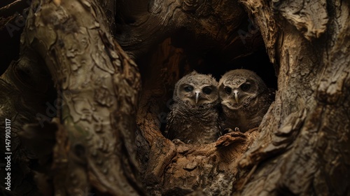 Two young owls in a tree hollow