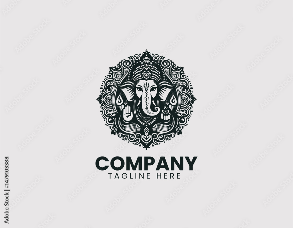 Obraz premium Revered Lord Ganesha with Divine Symbols Traditional Patterns Vector Logo Design, Honorable Hindu God Ganesha Divine Symbols Traditional Vector Logo, Respected Lord Ganesha Sacred Symbols Traditional 