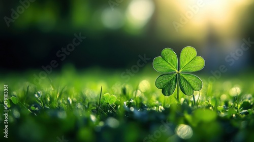 Four-leaf clover basks in sunlight, symbol of luck and prosperity, nestled among lush green grass, evoking St. Patrick's Day spirit