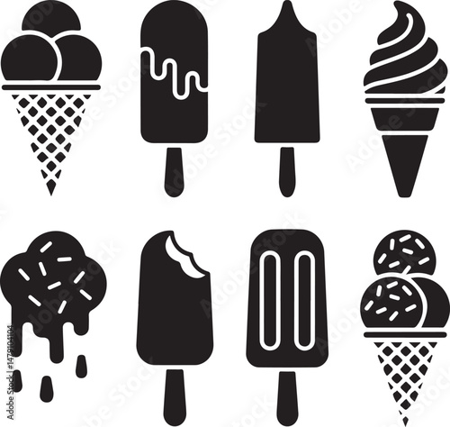Classic Ice Cream Cone Silhouette Design

Double Scoop Ice Cream Vector Art

Ice Cream Sundae with Cherry Silhouette

Popsicle and Ice Cream Bar Vector Scene

Cute Ice Cream Character Silhouette