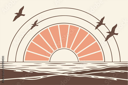 Minimalist Sunset Ocean Vector Illustration with Flying Birds, Abstract Geometric Beach Landscape for Modern Interior Design Generative ai
