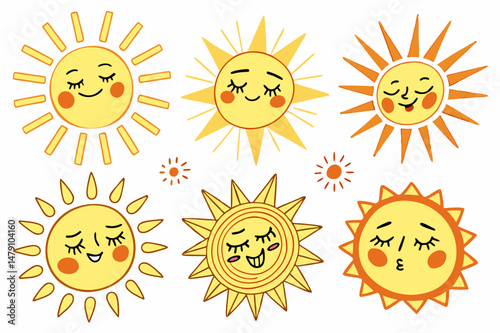 Cute Cartoon Sun Faces Collection with Happy Expressions, Vector Yellow Sun Emoji Set for Children's Books and Summer Designs Generative ai