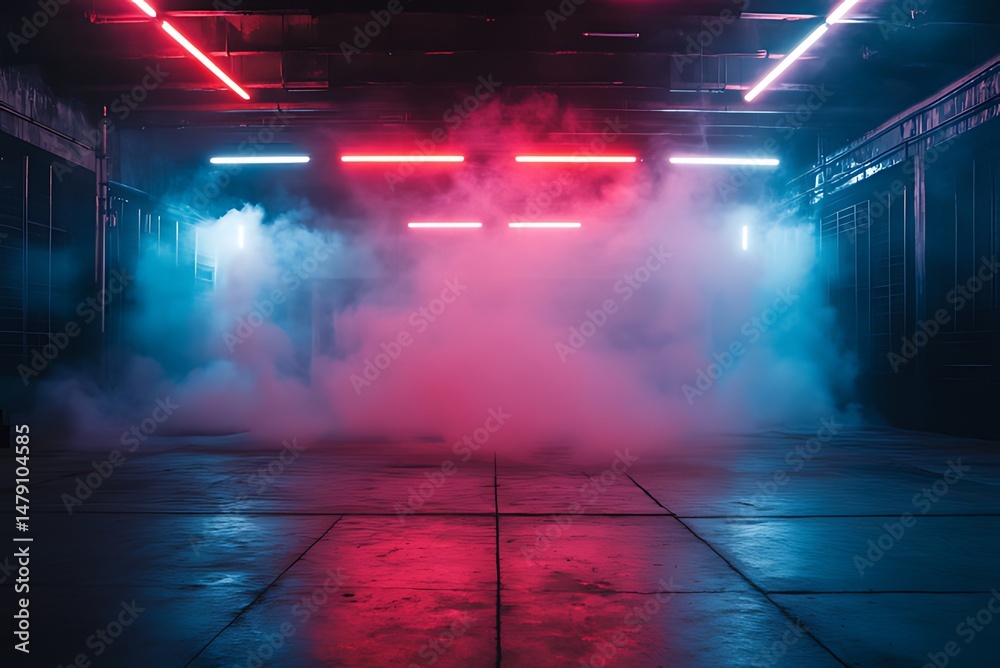Fototapeta premium Dramatic vaporous scene illuminated by red and blue neon lighting in an industrial space