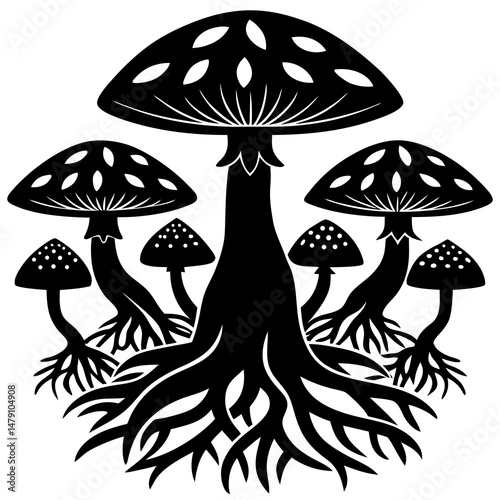 Mushroom and tree roots  Mushroom and tree roots entangled vector silhouette 