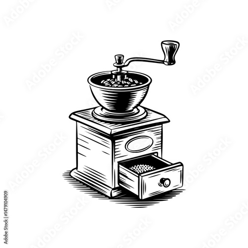 Coffee mill icon isolated on white. Vintage coffee grinder. Design element for logo, label, sign, poster, flyer. Vector illustration