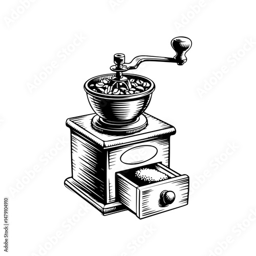 Coffee mill icon isolated on white. Vintage coffee grinder. Design element for logo, label, sign, poster, flyer. Vector illustration
