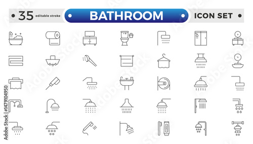 Bathroom outline icons. Editable Stroke. Shower, bath, toilet, bidet, mirror, water tap. Laundry and garbage basket. Cosmetics shampoo comb cream. Toilet paper napkins. Editable stroke outline icon.
