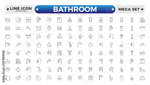 Bathroom outline icons. Editable Stroke. Shower, bath, toilet, bidet, mirror, water tap. Laundry and garbage basket. Cosmetics shampoo comb cream. Toilet paper napkins. Editable stroke outline icon.
