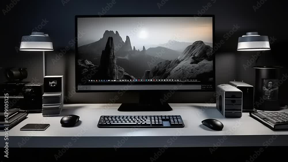 Dark room workspace with computer display.