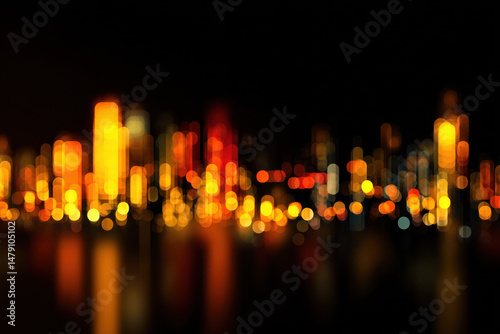 Abstract Cityscape at Night: Golden and Red Lights Blurred Bokeh Effect, Illuminated Buildings, Urban Night Scene : Generative AI