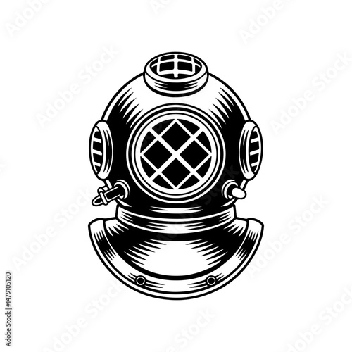 Retro style diver helmet isolated on white background. Design element for logo, label, sign, poster, menu. Vector illustration
